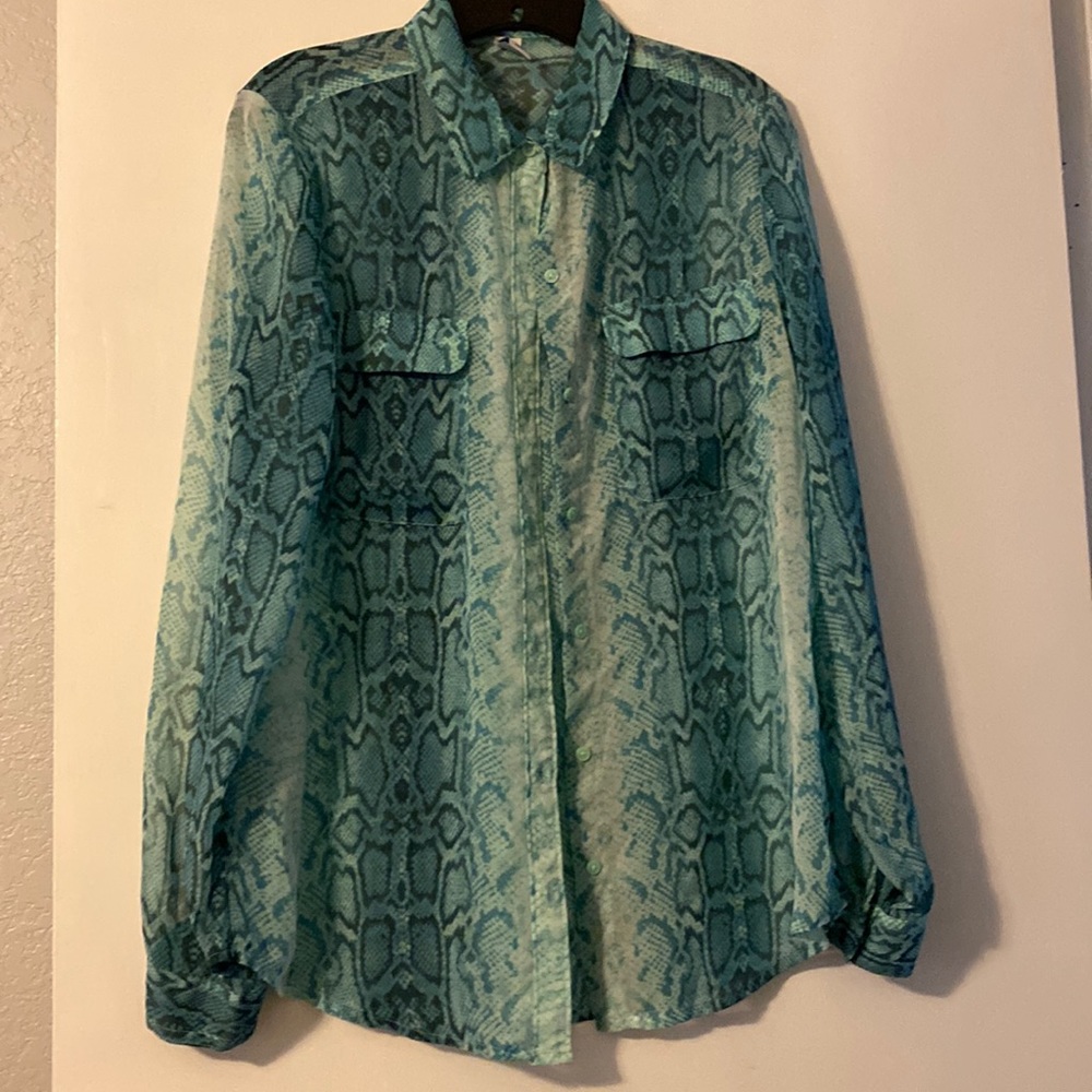 Green Snake Print Button-Up Blouse